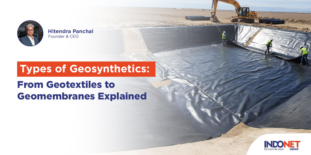 Illustration of the six types of geosynthetics with labeled applications, including geotextiles, geomembranes, geogrids, geonets, geocells, and GCLs.