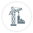 Construction icon showing crane and building, representing safety and construction products by Indonet Group