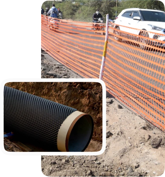 Orange construction safety net and black protective mesh for pipes, ensuring worker safety and durability by Indonet Group