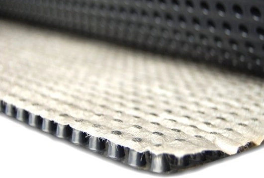 Dimpled drainage sheet laminated with nonwoven geotextile fabric for filtration and water drainage applications