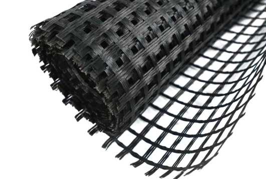 Polyester (PET) geogrid roll used for soil reinforcement, pavement stabilization, and road construction applications