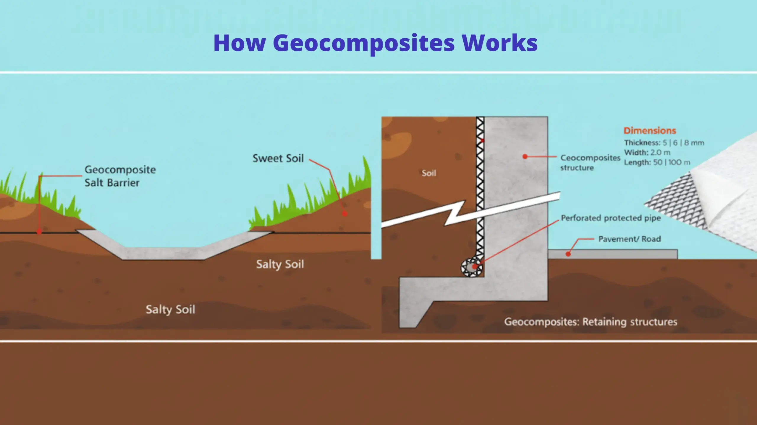 How geocomposites work diagram with drainage core and geotextile layers