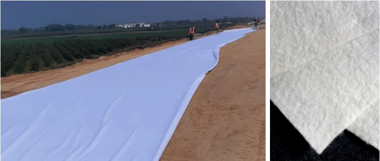 Non-woven geotextile fabric (INDODRAIN) installed on road subgrade