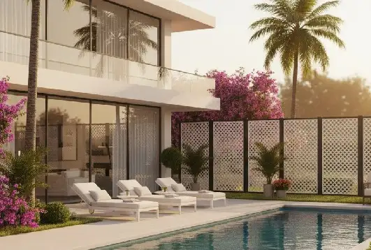 donet Lato Fence outdoor privacy panels installed near a poolside residential villa