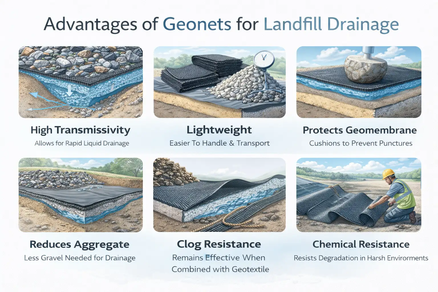 Advantages of geonet for landfill drainage including high transmissivity, lightweight structure and protection for geomembrane liners