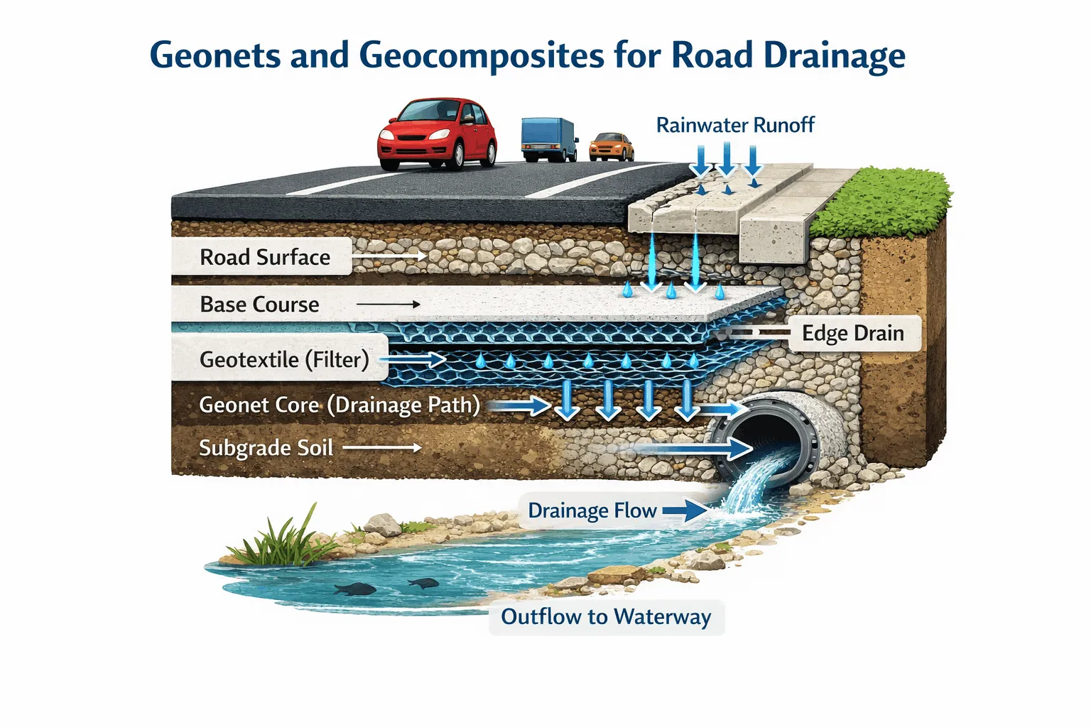 Modern road drainage system using geonets and geocomposites with geotextile filter and drainage core for efficient subsurface water flow