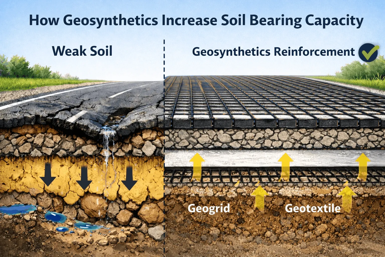 Geosynthetics improve soil bearing capacity in road construction using geogrid and geotextile reinforcement compared to weak soil failure