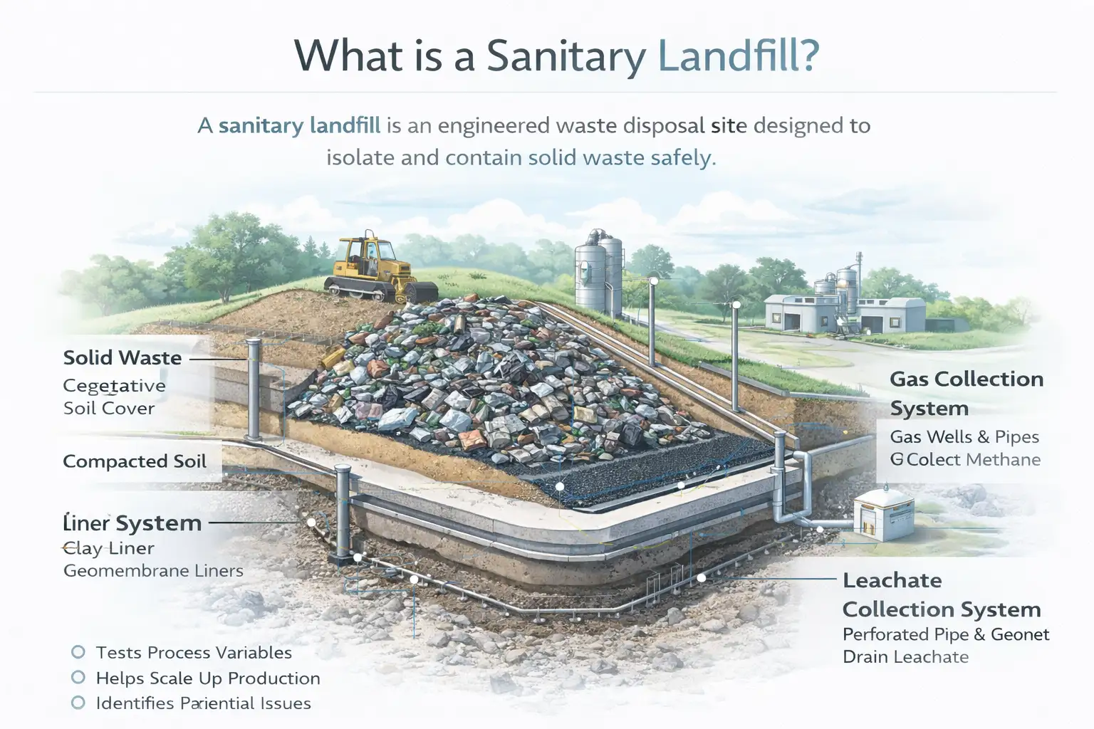 Diagram of a sanitary landfill showing waste layers, liner system, gas collection and leachate drainage system
