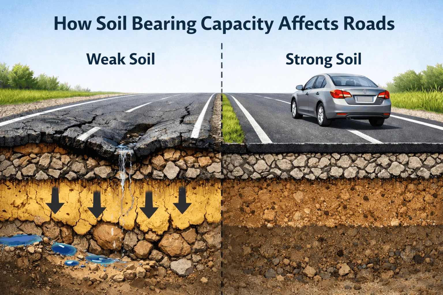 Comparison of weak vs strong soil bearing capacity in road construction showing pavement failure, cracks, and stable road structure layers