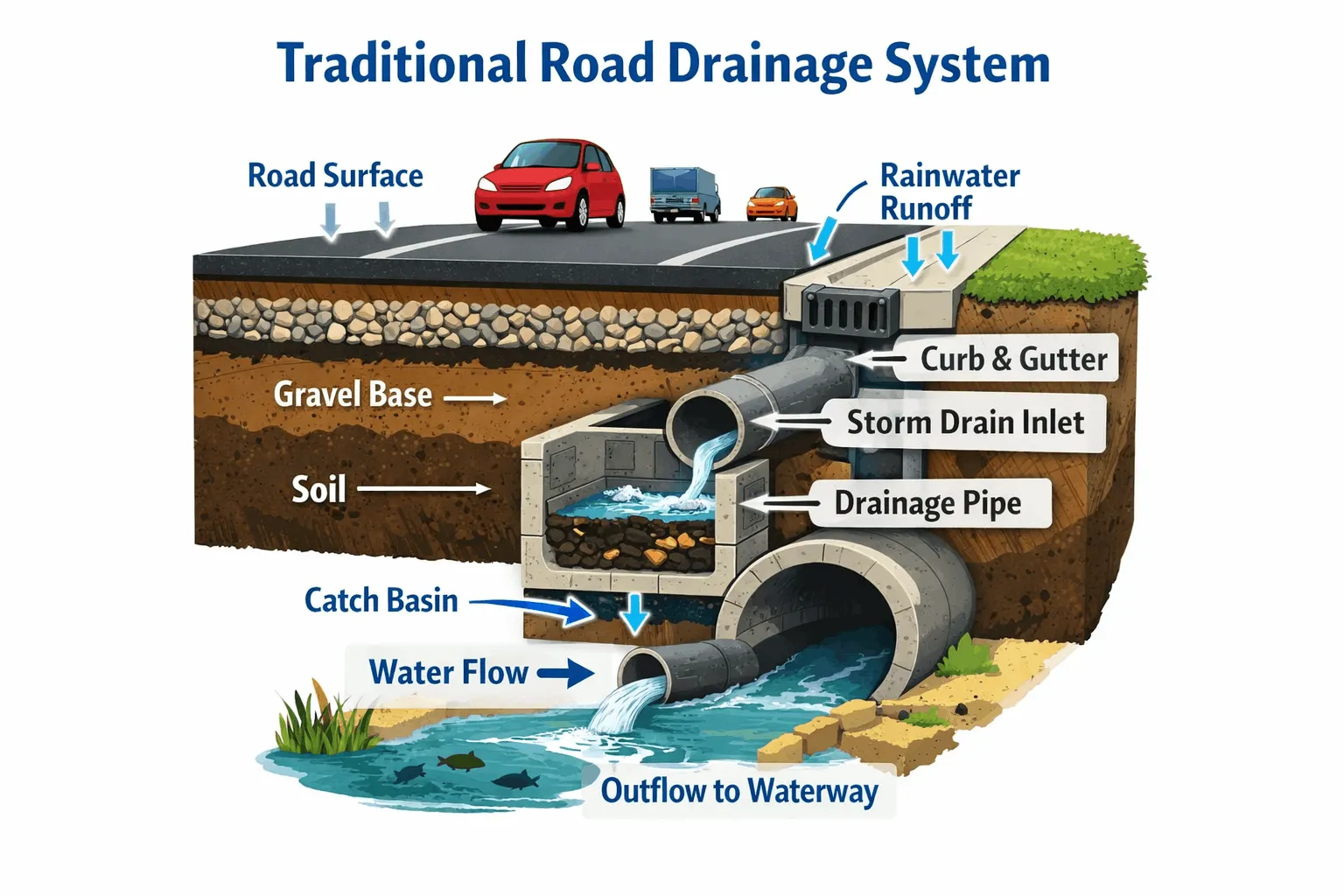Traditional road drainage system using pipes and trenches showing storm drain inlet, drainage pipe, gravel base, and water flow to waterway