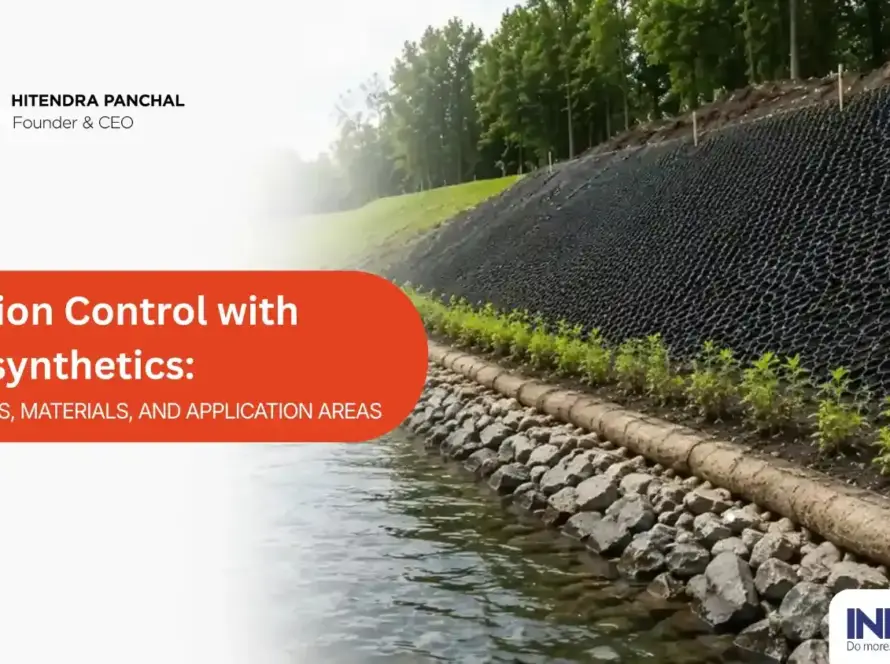 Realistic erosion control project using geosynthetics on a stabilized riverbank with geogrid, riprap, vegetation, and slope protection systems.