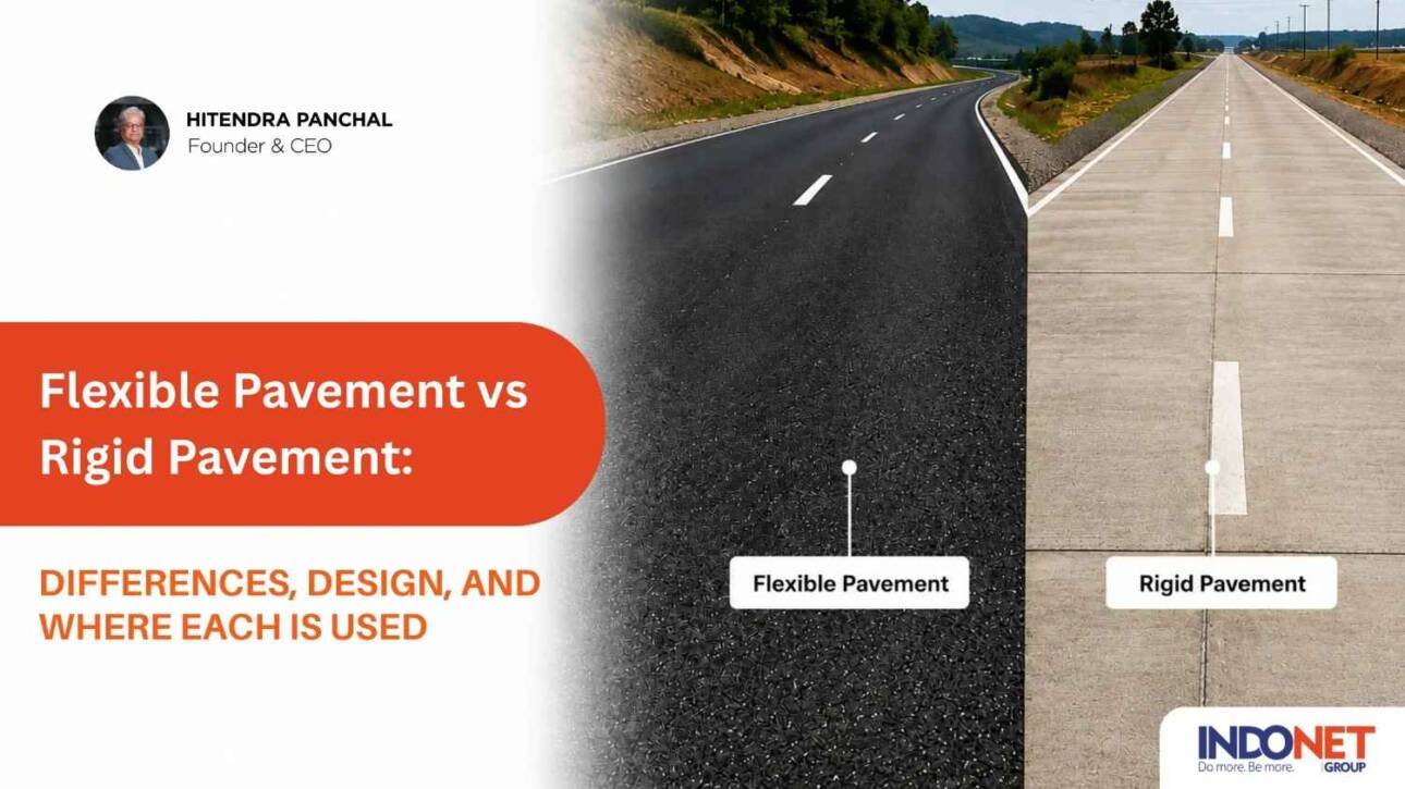 Flexible pavement and rigid pavement comparison showing asphalt and concrete roads with labels, illustrating their differences, design, and applications.