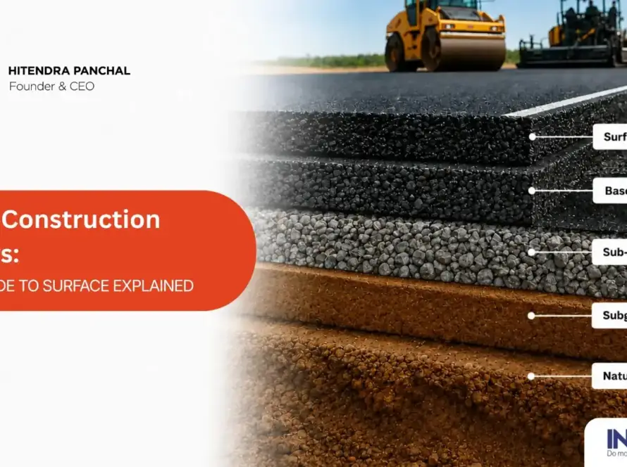 Road construction layers from natural soil and subgrade to sub-base, base, and surface course, with road paving equipment shown above.
