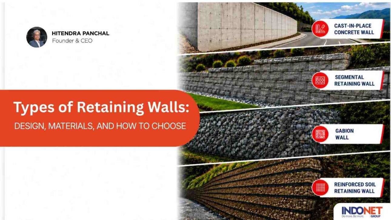 Types of retaining walls including cast-in-place concrete, segmental, gabion, and reinforced soil retaining walls, showing different designs and materials