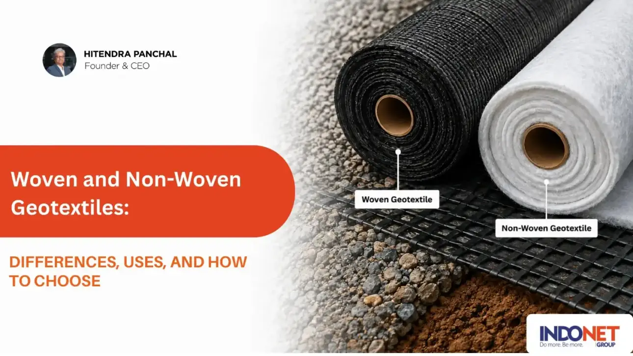 Woven and non-woven geotextile rolls placed over a geogrid and gravel soil base, illustrating differences, uses, and selection of geotextiles.