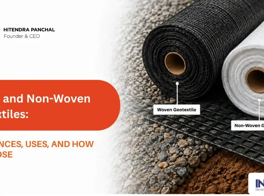 Woven and non-woven geotextile rolls placed over a geogrid and gravel soil base, illustrating differences, uses, and selection of geotextiles.
